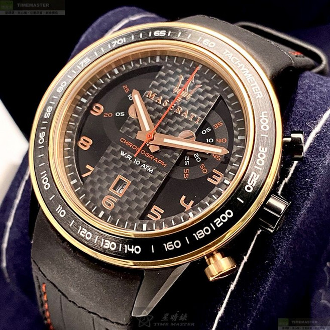 MASERATI手錶R8873610003 46mm 黑色錶面真皮錶帶 金鯊魚鰓設計