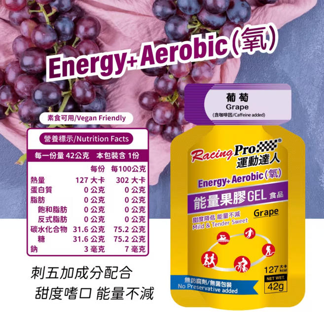 RacingPro 運動達人ENERGY 氧 能量果膠 (葡萄口味) - 能量補給、提升運動表現, 42g, 12包