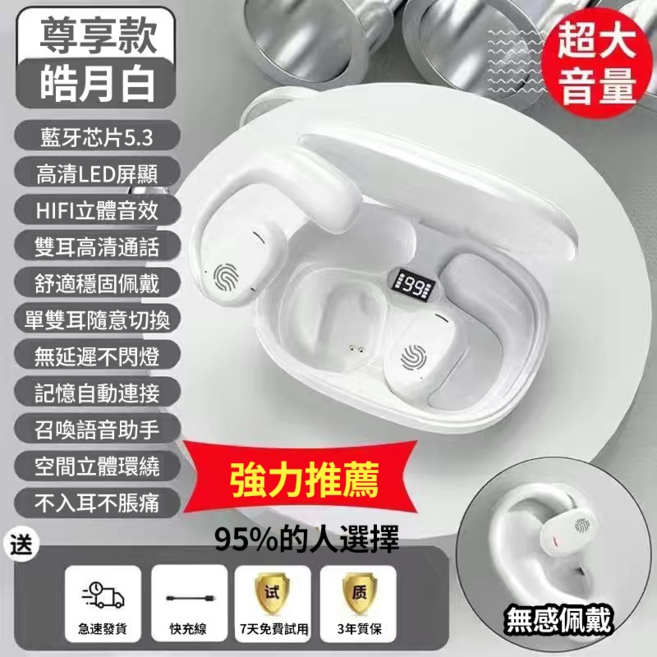 D20【真骨傳導】藍牙耳機 掛耳式運動降噪防水防汗超長續航音樂耳機蘋果安卓通用, 皓月白