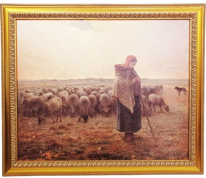 米勒 田園之美【牧羊女與羊群 】寧靜祥和羅浮宮版畫作 77x66cm, 詳見包裝