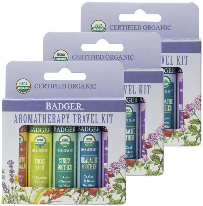 BADGER 精油香膏旅行組 5款, 3組, 愉悅提神香氛+專注力提升香氛+壓力舒緩香氛+寧神舒緩香氛+瑜伽冥想香氛