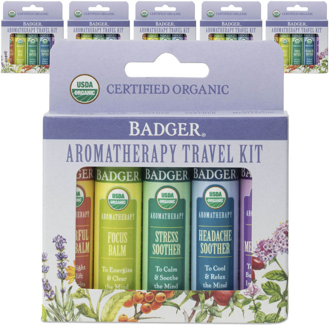 BADGER 精油香膏旅行組 5款, 6組, 愉悅提神香氛+專注力提升香氛+壓力舒緩香氛+寧神舒緩香氛+瑜伽冥想香氛
