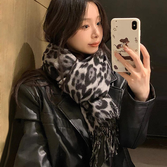 豹紋絲巾女 大長巾流蘇圍巾 咖灰印花披肩 時尚百搭