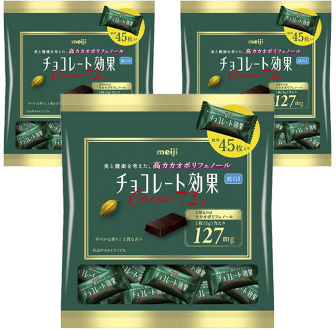 meiji 明治 袋裝CACAO 72%黑巧克力 45包入, 3個, 225g