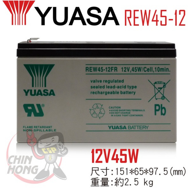 YUASA 湯淺 REW45-12 閥調密閉式鉛酸電池 12V45W UPS 不斷電系統 消防系統 兒童電動車, 米, 1個