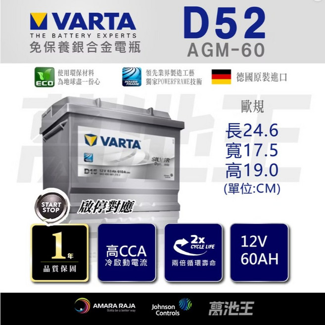 VARTA 德國歐規 AGM D52 60Ah LN2 Smart 原廠電瓶 啟停適用, 1個