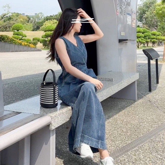 赫米 小性感車線不對稱牛仔背心長洋裝, Blue