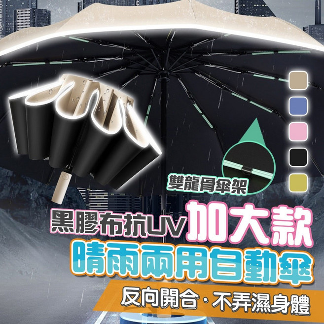泰格爾雙龍骨黑膠晴雨傘 24骨自動反向傘 抗UV99.9% 強防風反光圈