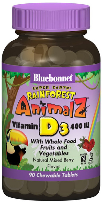 Bluebonnet 孩童維他命D3 400IU動物造型咀嚼錠 綜合莓果口味, 90顆, 1罐