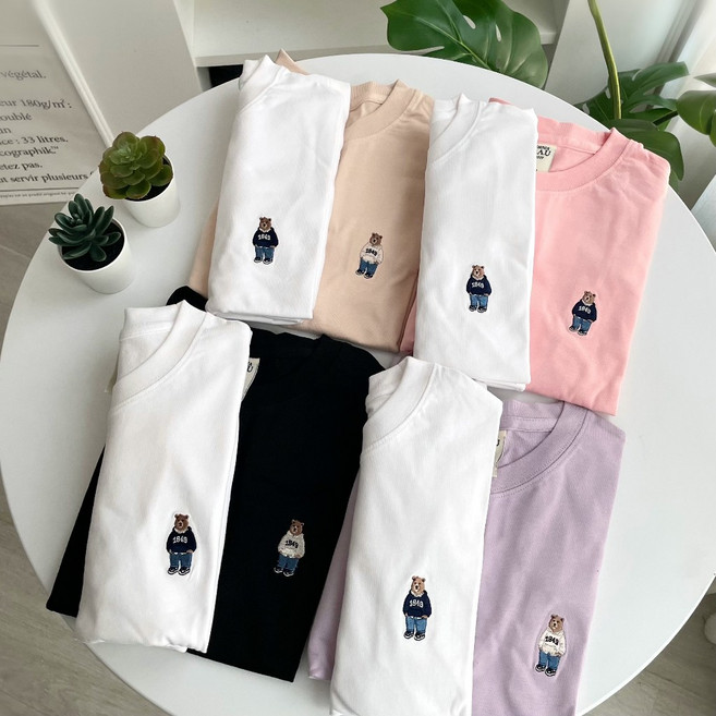 WHO.A.U 刺繡小熊落肩短T (2件組/正韓), 白+粉