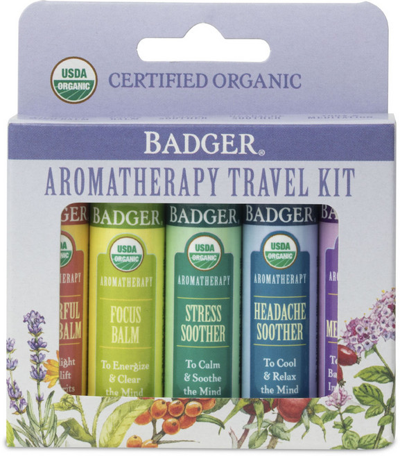 BADGER 精油香膏旅行組 5款, 1組, 愉悅提神香氛+專注力提升香氛+壓力舒緩香氛+寧神舒緩香氛+瑜伽冥想香氛