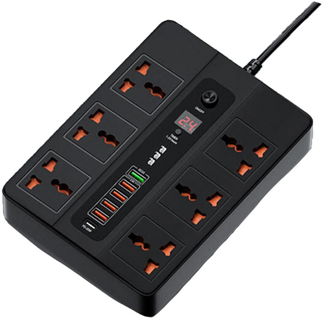 3000W 定時快充插座 6AC+5USB+1Type-C PD/QC3.0, 黑色, 1個, 2m