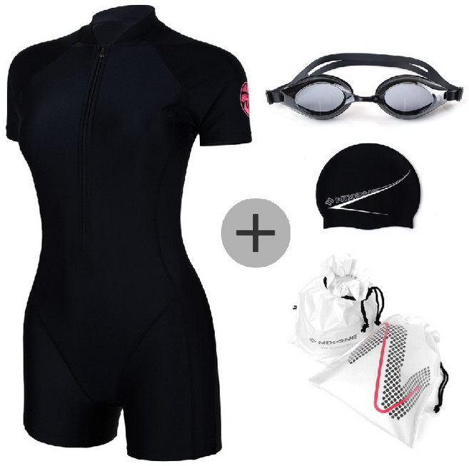 닉스원 여성 아쿠아 반신수영복 NSW-4974BK 세트, 블랙 / 실리콘세트