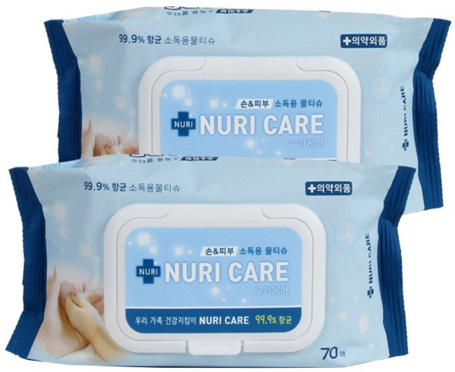 소확행몰 손소독 누리케어 소독용 물티슈 캡형 70매 x 2팩