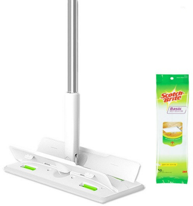 [3M] 대형 올터치 더블액션 막대걸레 + 베이직 정전기 50매, 1세트, 상세 설명 참조