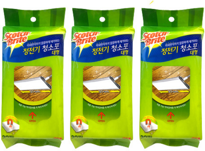 스카치브라이트 정전기 청소포 대형 30매 막대걸레용 37cm 부직포, 3개