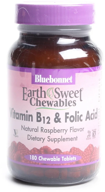 블루보넷 어쓰 스위트 비타민 B12 & 폴릭 애시드 내추럴 라즈베리 츄어블 타블렛, 1개, 180개입 - 쿠팡