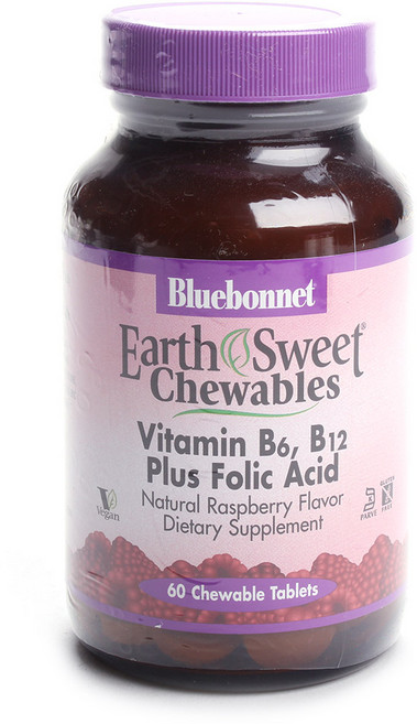 블루보넷 어쓰 스위트 비타민 B6 B12 플러스 폴릭 애시드 내추럴 라즈베리 츄어블 타블렛, 1개, 60정