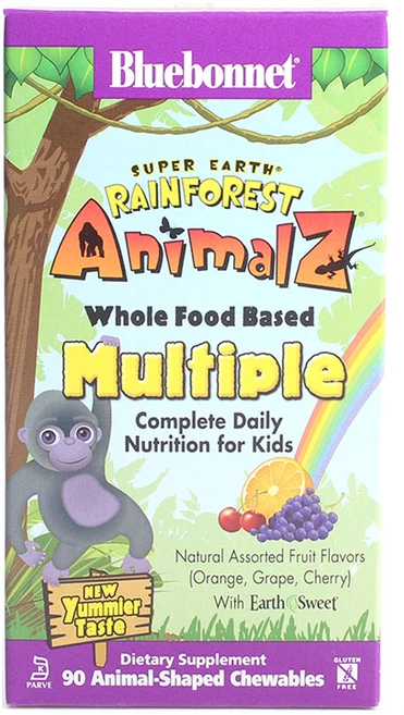 블루보넷 애니멀즈 어린이 멀티플 컴플리트 데일리 뉴트리션 오렌지 포도 체리 츄어블, 90개입, 1개, 90정 - 쿠팡