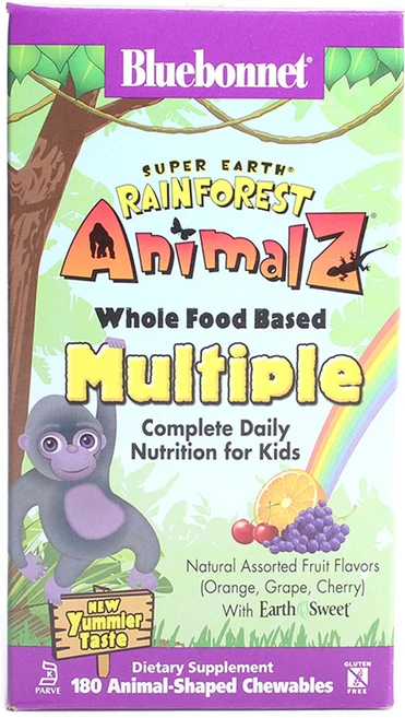 블루보넷 애니멀즈 어린이 멀티플 컴플리트 데일리 뉴트리션 오렌지 포도 체리 츄어블, 180개입, 1개, 180정 - 쿠팡