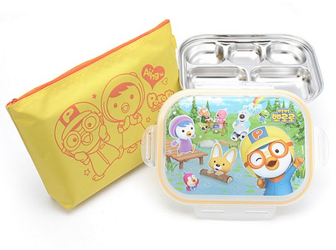 뽀로로 가방 스텐 식판도시락 세트, 옐로우, 도시락 + 뚜껑 + 가방