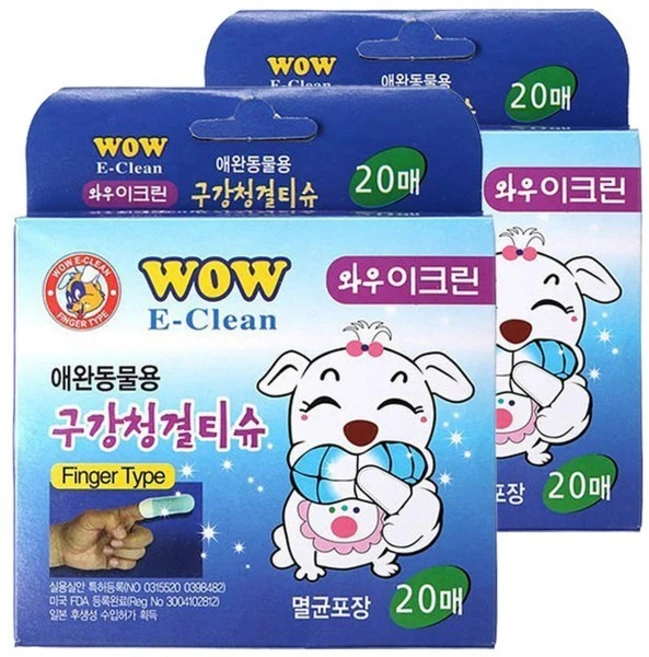 와우 이크린 애완동물용 구강청결티슈, 20개입, 2개 - 쿠팡