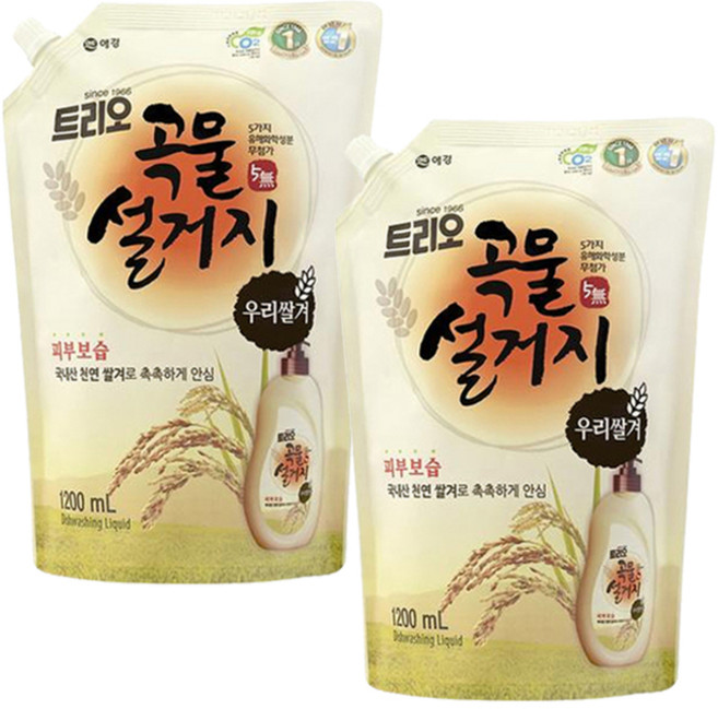 트리오 곡물설거지 우리쌀겨 주방세제, 1.2L, 2개