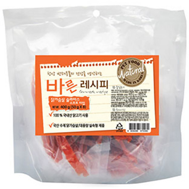 바른레시피 국산수제 강아지간식 닭가슴살슬라이스 소프트타입 400g, 닭가슴살, 1개