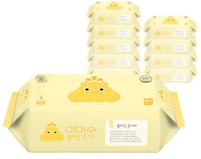 아이수 저자극 옐라잇 몬스터 유아물티슈 리필형, 55g, 80매, 10개