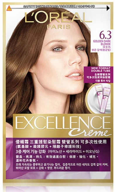 로레알파리 엑셀랑스 크림 더블튜브 염모제, 6.3 황금빛 밝은 갈색, 1개