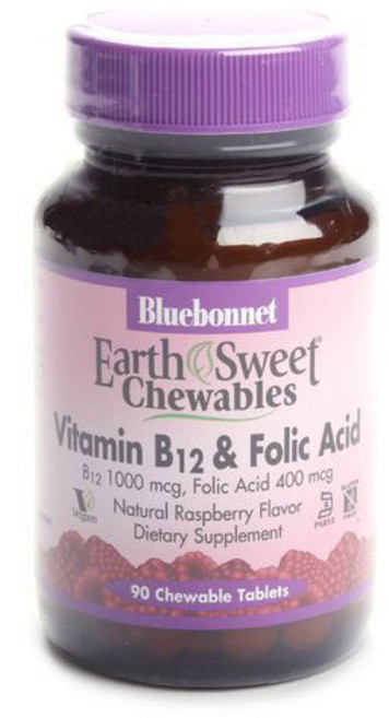 블루보넷 어쓰 스위트 비타민 B12 & 폴릭 애시드 내추럴 라즈베리 츄어블 타블렛, 1개, 90개입, 90정