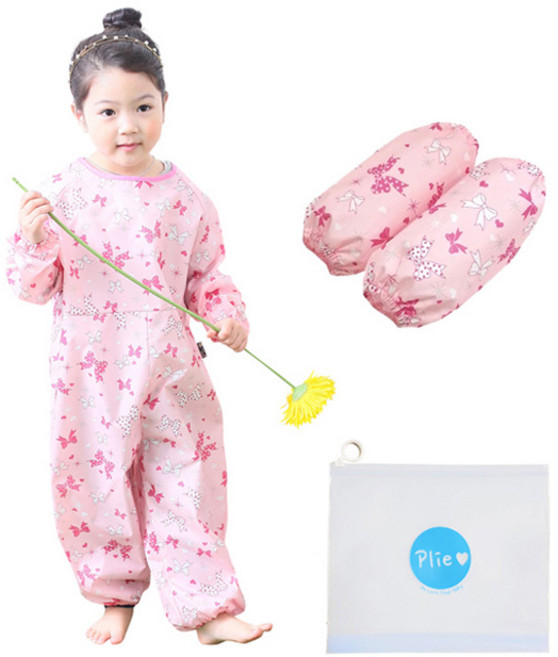 플리에 아동용 지퍼형 전신미술가운 + 팔토시 + 지퍼백 세트, 핑크 + 핑크리본