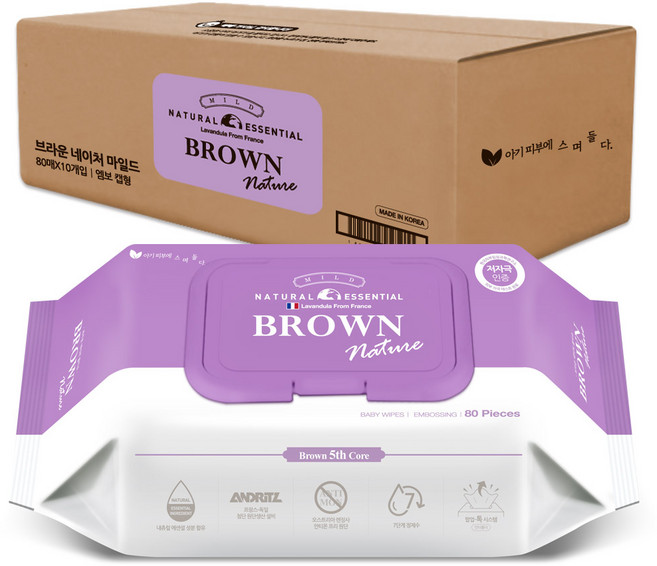 브라운 네이처 마일드 유아물티슈 캡형, 60g, 80매, 10개