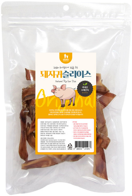 웁스 강아지 국내산 슬라이스 오리지널 간식, 돼지귀, 150g, 1개