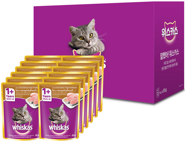 위스카스 어덜트 고양이 파우치, 닭+참치, 85g, 12개