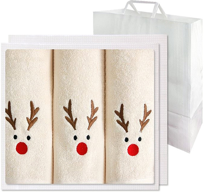 송월타월 루돌프 3p 수건선물세트 + 쇼핑백, 베이지, 1세트