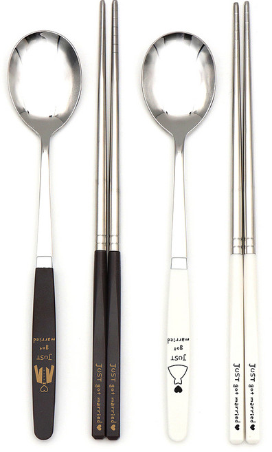 라온누리 픽미 컬러 커플 수저세트 웨딩마치, 초코M + 화이트W, 숟가락 2p + 젓가락 2p, 1세트