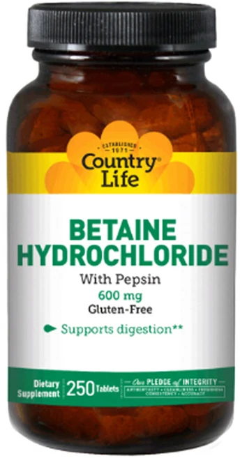Country Life Vitamins 베타인 하이드로클로라이드 With 펩신 600mg 타블렛, 1개, 250정 - 쿠팡