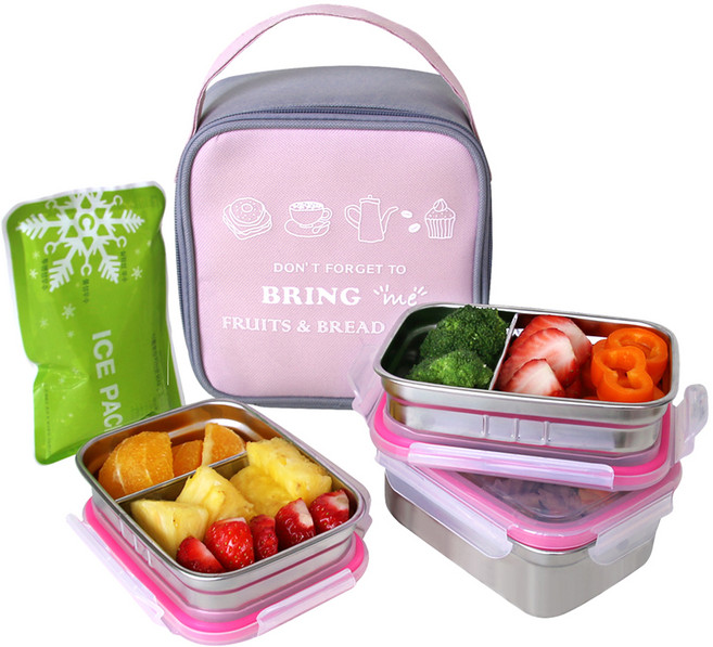 브링미 스텐 3단 도시락 + 가방 + 아이스팩, 핑크, 1세트