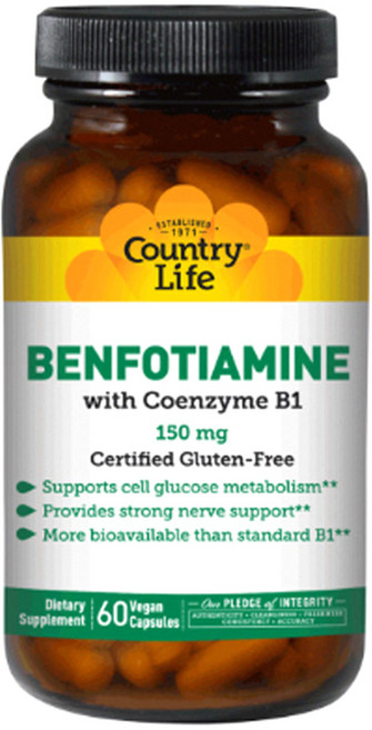 Country Life 벤포티아민 With 코엔자임 B1 150mg 베지테리안 캡슐, 1개, 60정