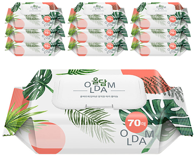 [비건라이프] 올담 몬스테라 아기 물티슈 캡형, 60g, 70매, 10개