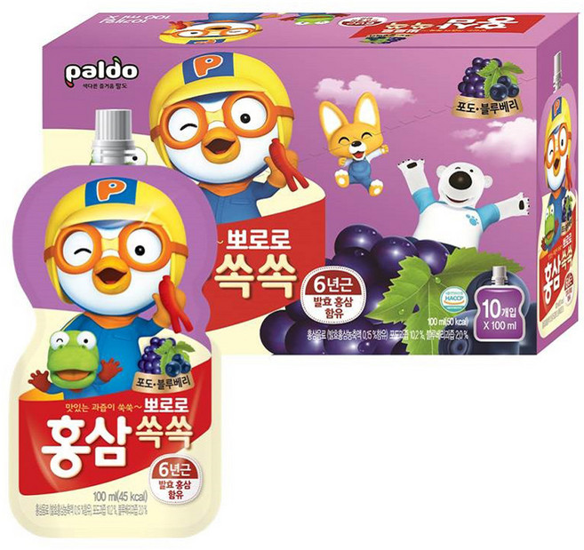 팔도 뽀로로 홍삼쏙쏙 포도 블루베리, 100ml, 10개