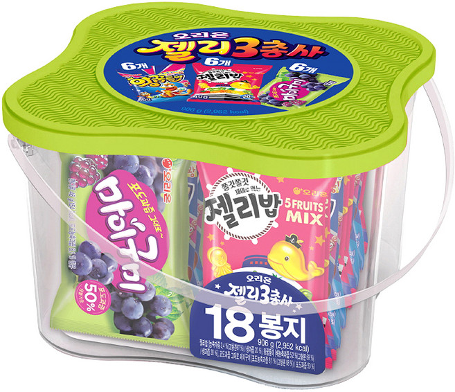 오리온 젤리3총사 젤리밥 40g x 6p + 왕꿈틀이 56g x 6p + 마이구미 55g x 6p, 왕꿈틀이 56g 6개 + 젤리밥 40g 6개 + 마이구미 55g 6개, 1세트