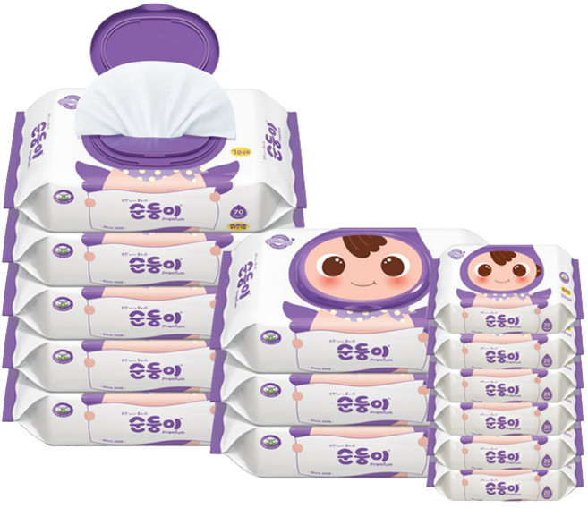 순둥이 프리미엄 엠보싱 유아물티슈 70매 캡형 8p + 20매 휴대용 6p EC-02, 65g, 1세트