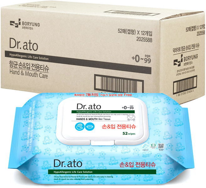 닥터아토 손 입 전용티슈 캡형, 60g, 52개입, 12개