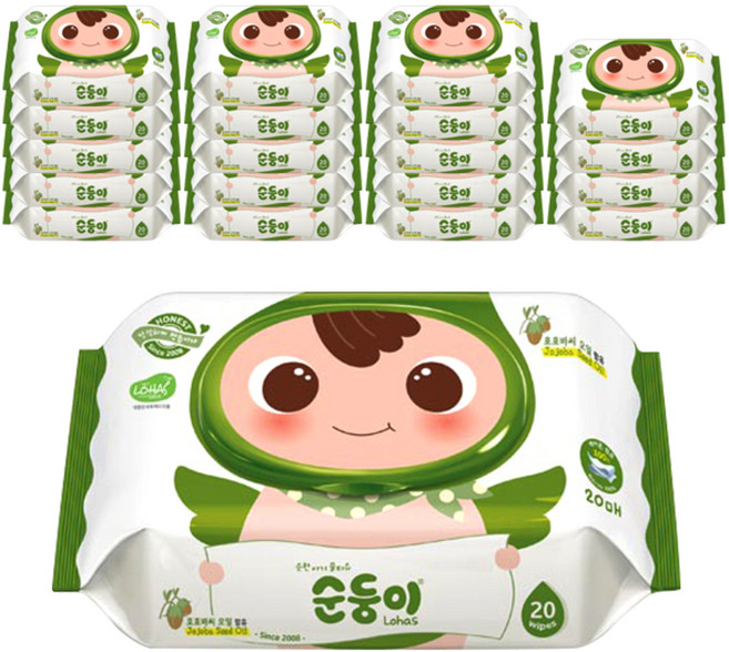 순둥이 로하스 휴대용 아기 물티슈 캡형, 75g, 20매, 20세트