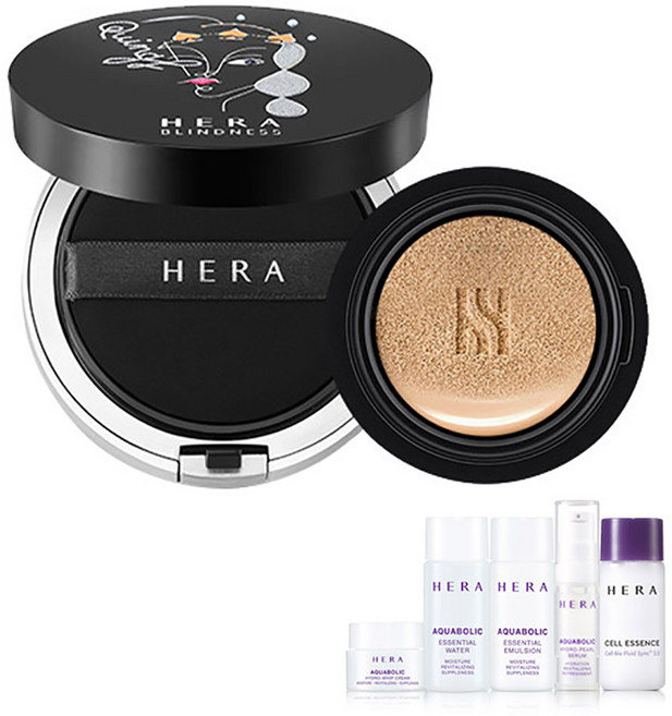 헤라 홀리데이 블랙쿠션 파운데이션 SPF 34 PA++ 본품 15g + 리필 15g + 아쿠아볼릭심플 5종 기초세트, 23호 베이지, 1개