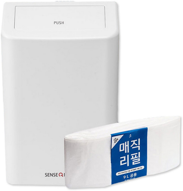 센스큐 매직 6L 벽걸이휴지통 + 전용비닐봉투 리필, 화이트