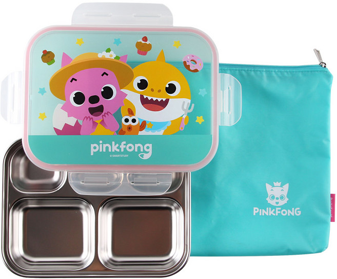 아이조움 핑크퐁 콤팩트 스텐 유아식판 세트, 혼합색상, 식판 + 뚜껑 + 가방, 1세트
