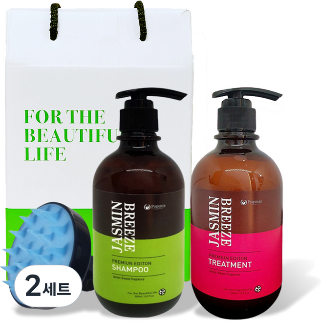 포고니아 모링가 자스민 샴푸 500ml + 트리트먼트 500ml + 두피 폼 브러쉬 헤어 3종 선물세트 + 쇼핑백, 2세트